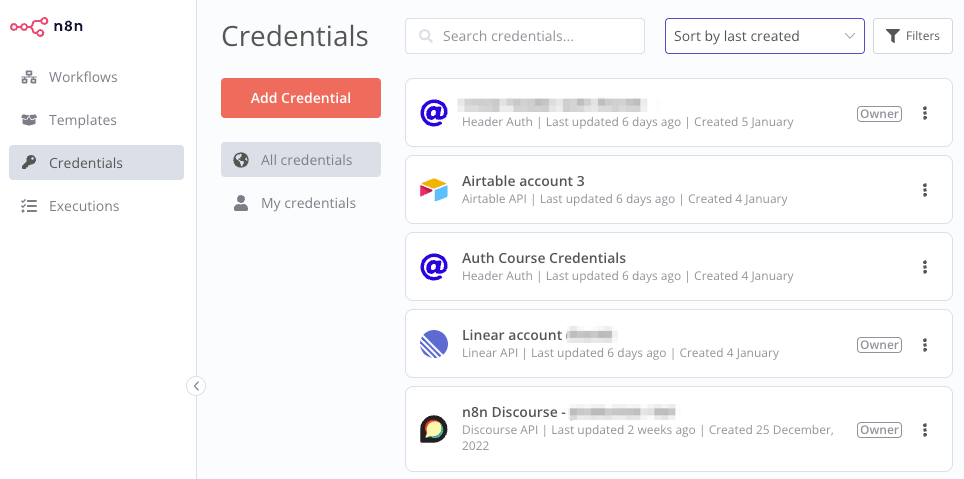 Halaman credentials dalam N8N