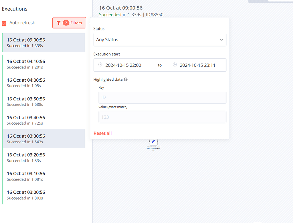 Halaman execution history dalam N8N